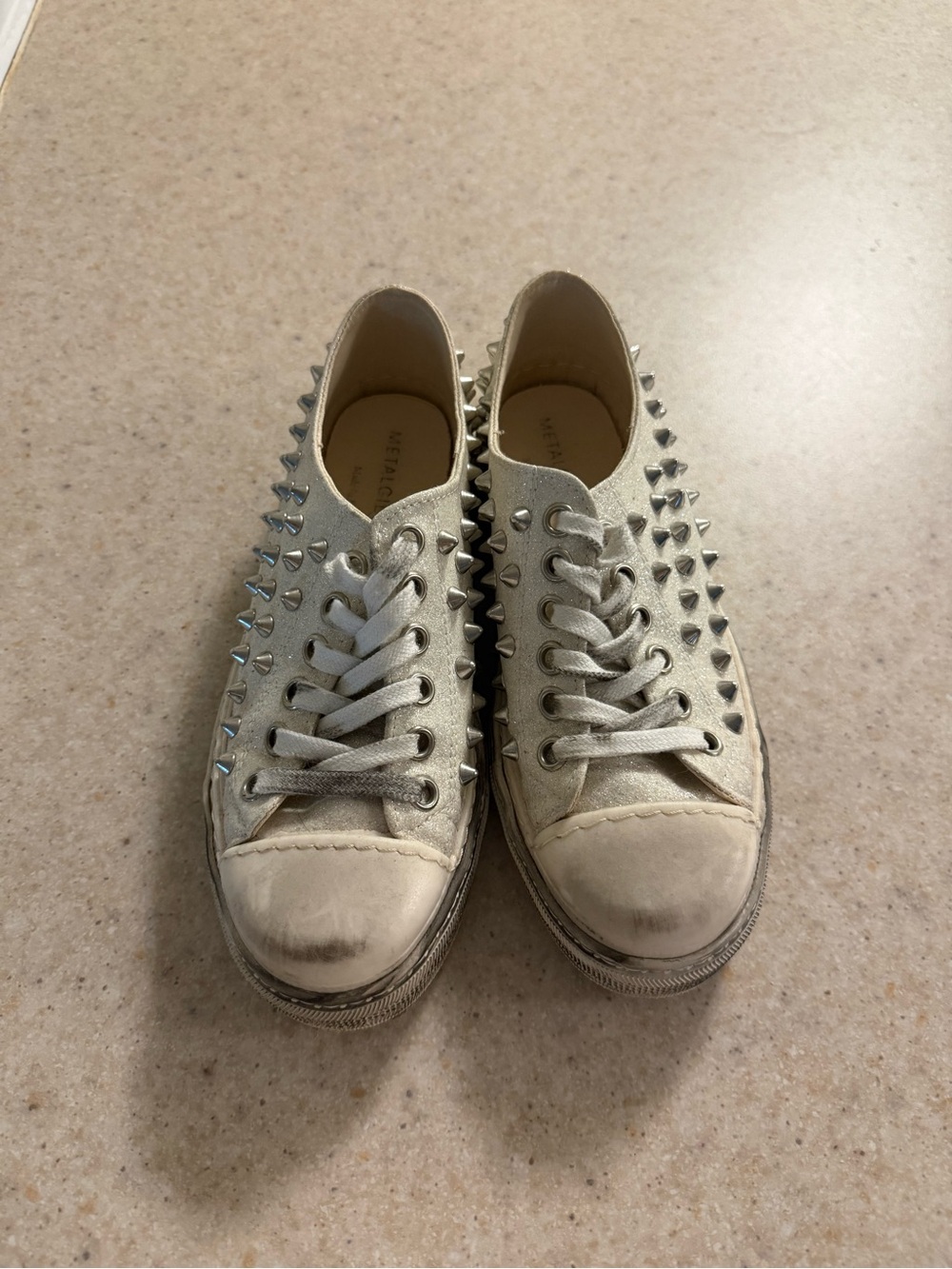 Women's Metallic Silver Studded Lace-Up Sneakers